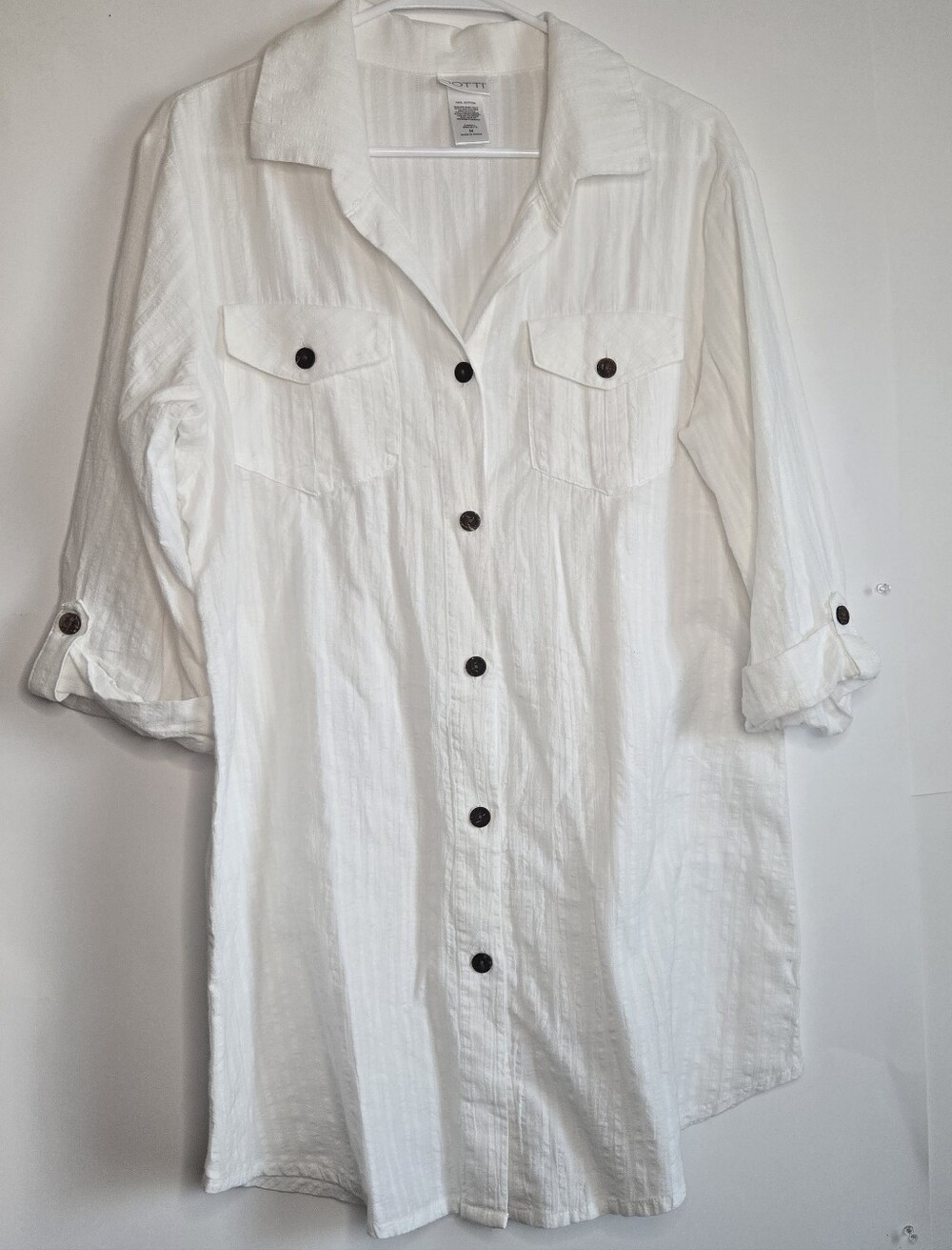 Dotti White Cotton Roll Tab Sleeve Textured Stripe Swim Cover Tunic Top/dress M
